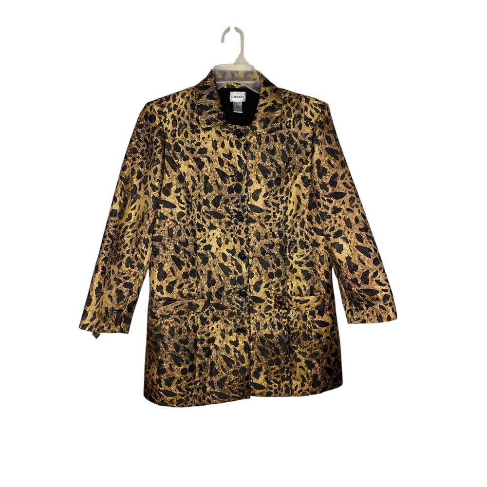 Chicos Womens Metallic Leopard Print Jacket Gold Black Size 2 Pockets